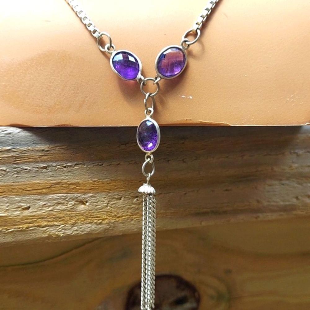 Handcrafted Sterling Silver Amethyst dangle Box Chain Necklace  New